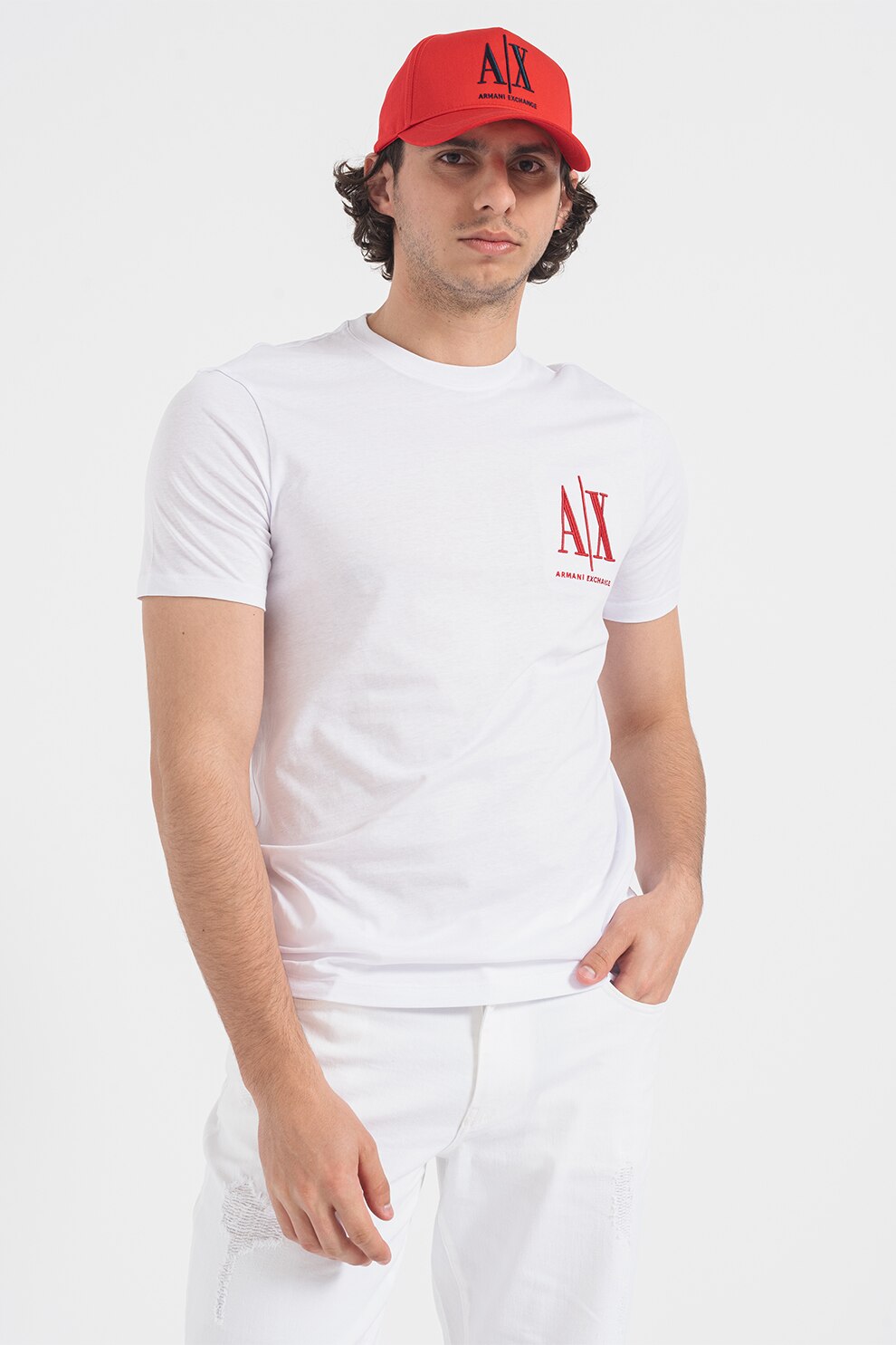 ARMANI EXCHANGE Tricou de bumbac cu logo brodat Alb optic Rosu