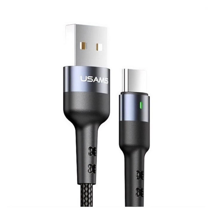 Usams u26 кабел за данни, USB - Type-C, 3A, бързо зареждане, 100см, защита против пречупване, LED индикация, черен