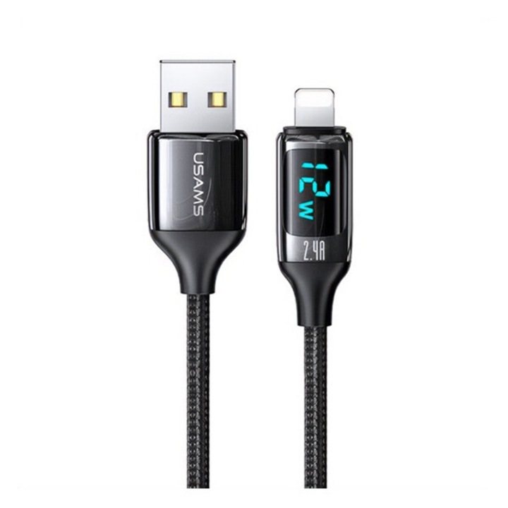 Usams u78 adatkábel, usb - lightning, 2.4a, gyorstöltő, 120cm, cipőfűző, led kijelző, fekete, kompatibilis: Apple iPhone 14 Plus / iPhone 14 Pro / iPhone 14
