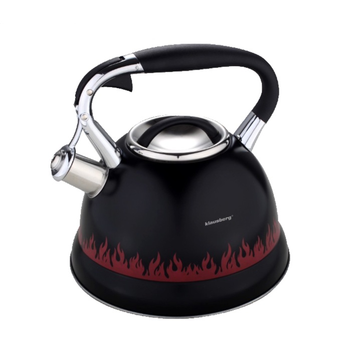 Традиционен чайник със свирка от неръждаема стомана, 2.7 литра, 22-22.5 см, черен, Klausberg