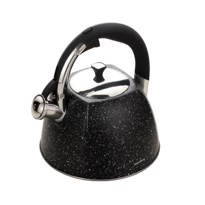 Традиционен чайник със свирка от неръждаема стомана покрита с мрамор, 2.8 литра, 21-24 см, черен, Klausberg
