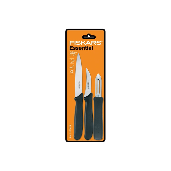 Fiskars Essential Zöldség kés és hámozó készlet, 3 db, Rozsdamentes acél/műanyag, 7/11 cm, Fekete