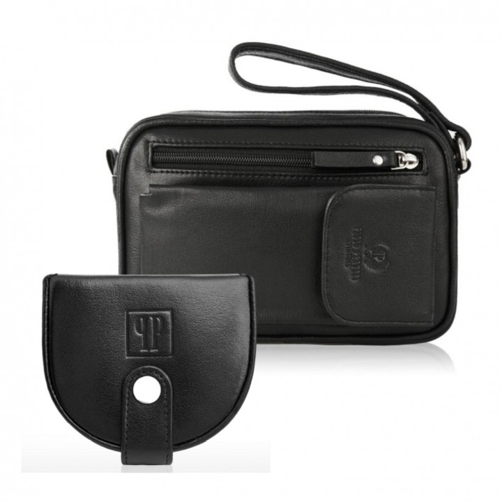 Paolo Peruzzi táska és pénztárca készlet, Natúr bőr, 15x20x5cm, Fekete