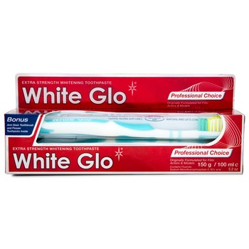 Pachet pasta de dinti cu efect de albire si periuta White Glo Professional Choice, 100ml, 150g Pachet pasta de dinti cu efect de albire si periuta White Glo Professional Choice, 100ml, 150g