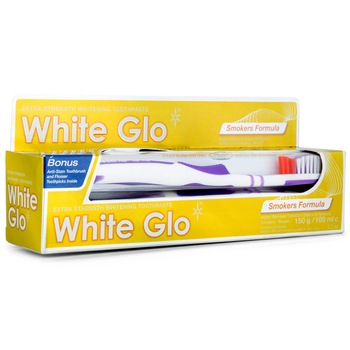 Pachet pasta de dinti cu efect de albire pentru fumatori si periuta White Glo Smokers Formula, 100ml, 150g Pachet pasta de dinti cu efect de albire pentru fumatori si periuta White Glo Smokers Formula, 100ml, 150g