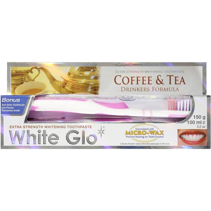 Пакет паста за зъби с избелващ ефект и четка за зъби White Glo Coffee and Tea