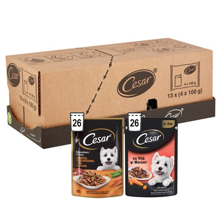 Hrana umeda pentru caini Cesar, Selectii in sos, Pui cu legume / Vita cu morcov, 52x100g