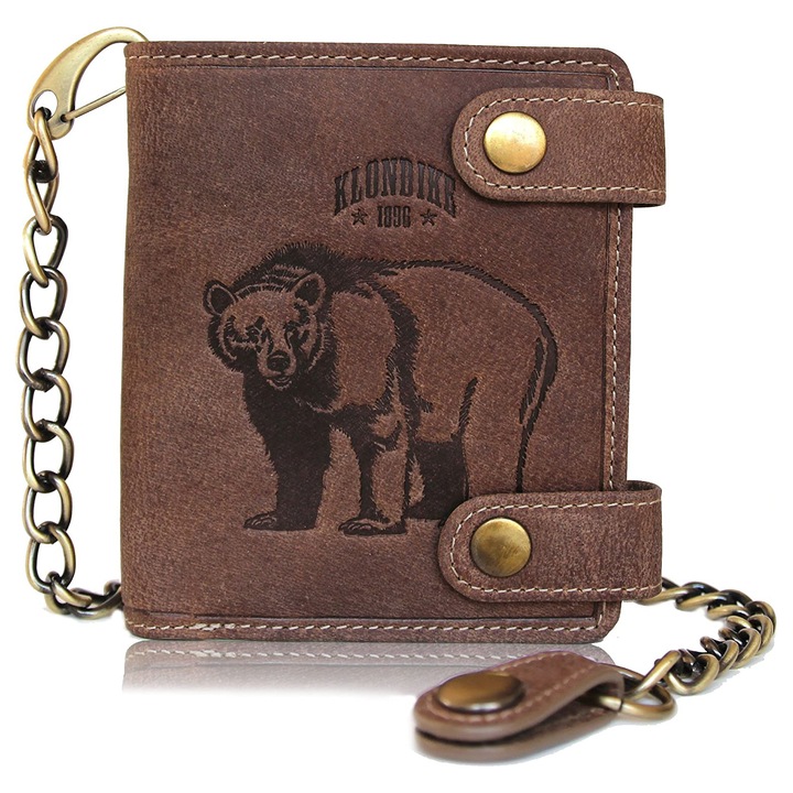 Портфейл с верижка за мотористи Klondike серия Tim Bear от естествена кожа Vintage кафяв