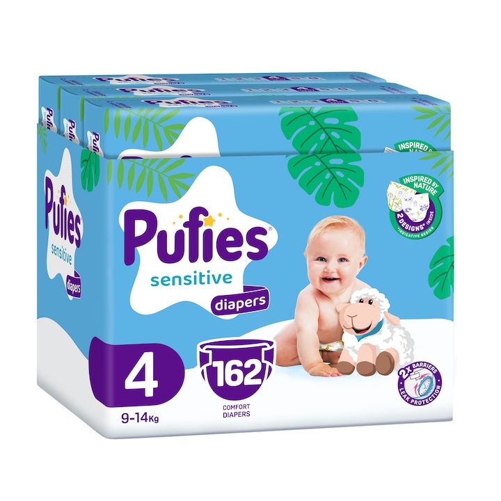 Пелени Pufies Fashion&Nature, Размер 4, 9-14 кг, 162 броя, Maxi pack x 3