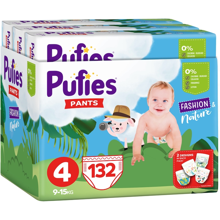 Scutece-chilotel Pufies Pants Fashion&Nature Maxi, Marimea 4, 9-15 kg, 132 buc