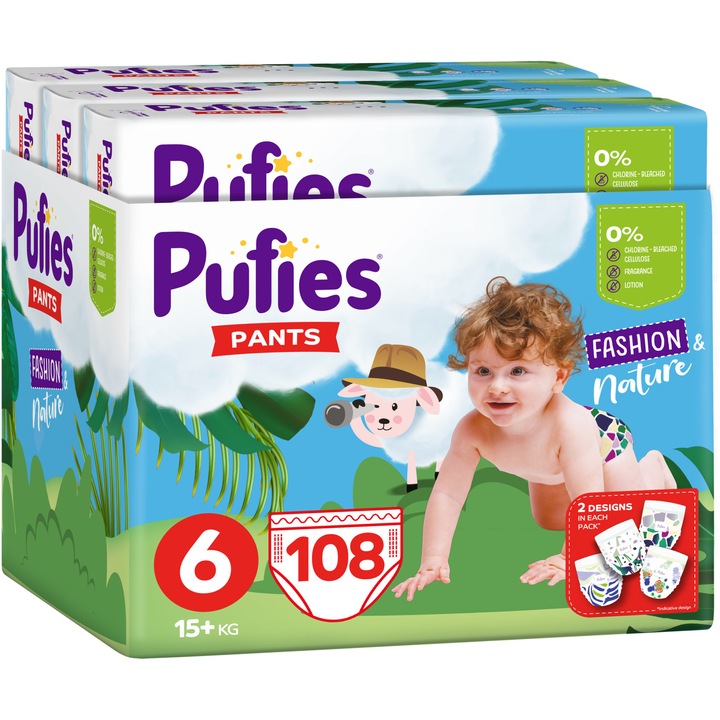 Scutece-chilotel Pufies Pants Fashion&Nature Extra Large, Marimea 6, 15+ kg, 108 buc