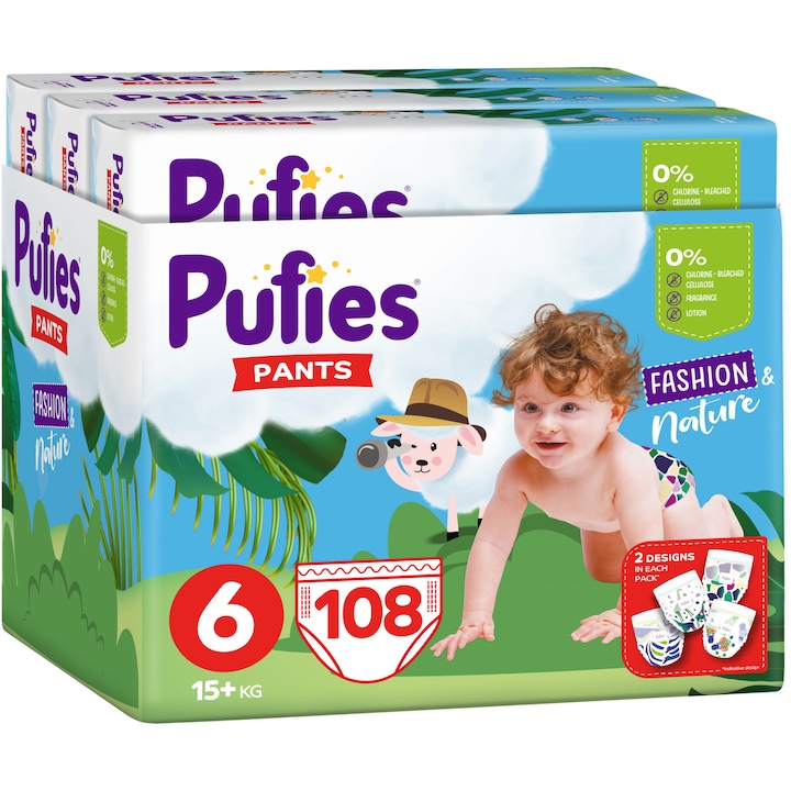 Pufies Pants Fashion & Nature Extra Large pelenka, 6-os méret, 15+ kg, 108 db