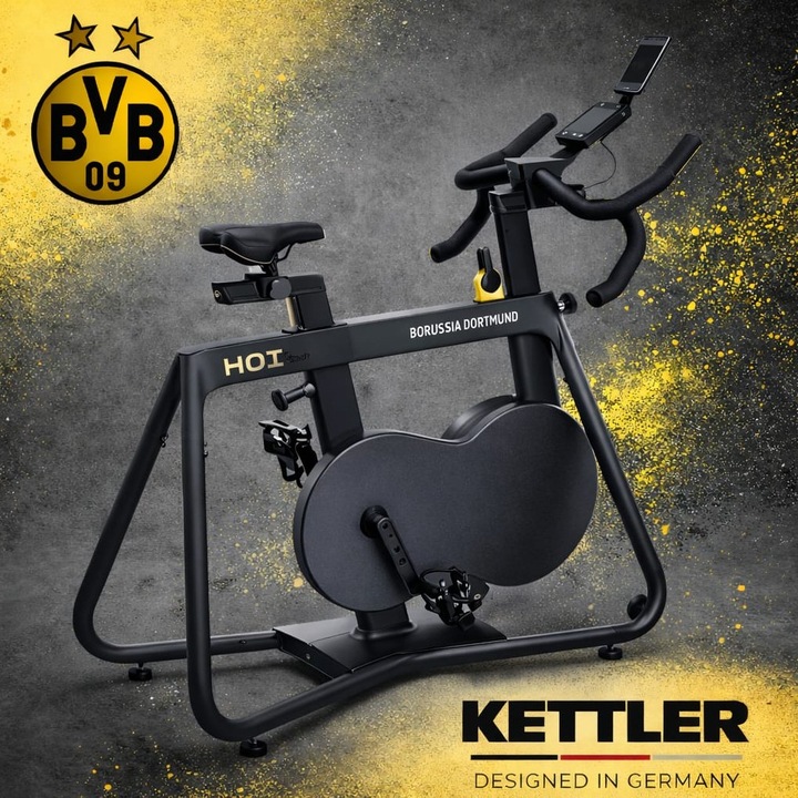 Bicicleta spinning Kettler SEMI-PRO HOI Speed BVB, Serie Limitata, Greutate suportata 130 Kg, Suport telefon/tableta, Roti transport
