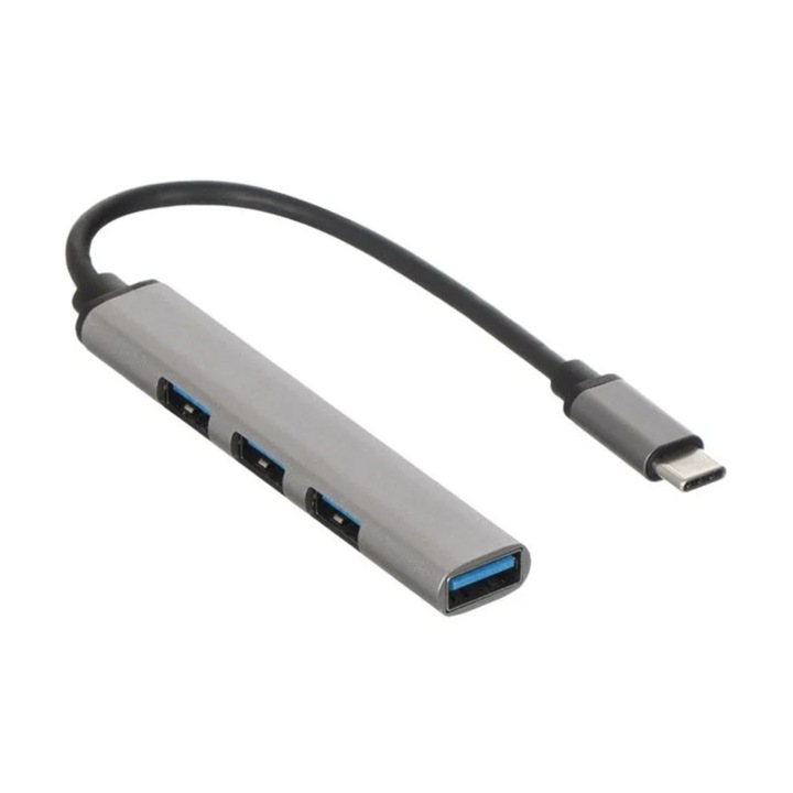 USB-C hub 4 USB 3.0 porthoz, PC-hez vagy laptophoz, perifériák csatlakoztatásához, szürke, JMB-BBL7110