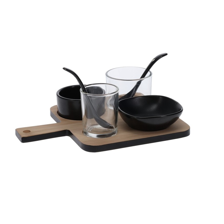 Set servire tapas Excellent Houseware, bambus/portelan, 22x17x6.6 cm, maro/negru