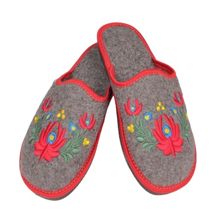 Papuci de casa, pentru femei, din postav, cu broderie, gri, EU 39
