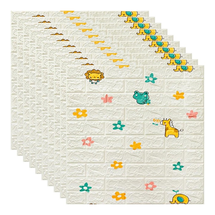Set 10x Tapet 3D, autoadeziv/autocolant, spuma moale, design modern, pentru interior, usor de curatat, rezistent la apa, dimensiuni 70 cm x 70 cm x 0,3 cm, design Lumea Animalelor, pentru camera copilului, Alb, Selling Depot