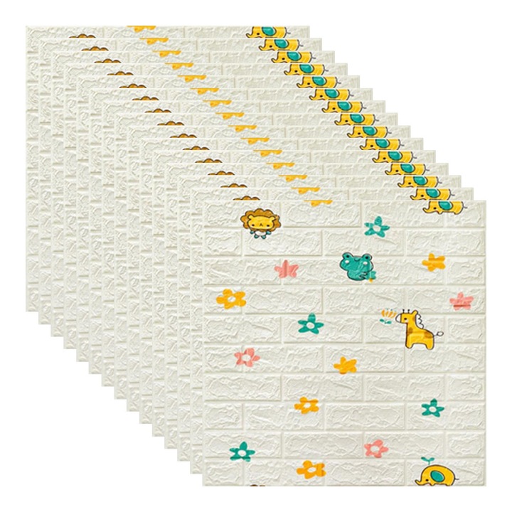 Set 15x Tapet 3D, autoadeziv/autocolant, spuma moale, design modern, pentru interior, usor de curatat, rezistent la apa, dimensiuni 70 cm x 70 cm x 0,3 cm, design Lumea Animalelor, pentru camera copilului, Alb, Selling Depot