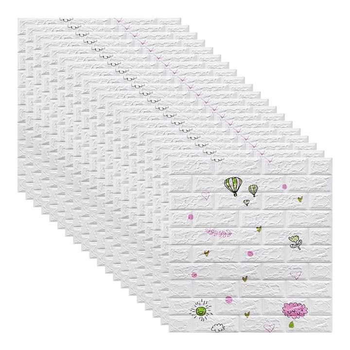 Set 20x Tapet 3D, autoadeziv/autocolant, spuma moale, design modern, pentru interior, usor de curatat, rezistent la apa, dimensiuni 70 cm x 70 cm x 0,3 cm, design Balon Aer Cald, pentru camera copilului, Alb, Selling Depot