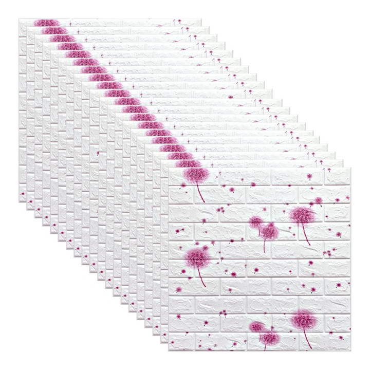 Set 20x Tapet 3D, autoadeziv/autocolant, spuma moale, design modern, pentru interior, usor de curatat, rezistent la apa, dimensiuni 70 cm x 70 cm x 0,3 cm, design Papadie, pentru camera copilului, Alb/Roz, Selling Depot