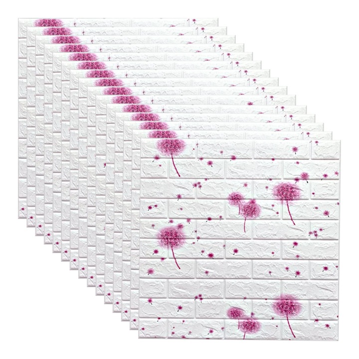 Set 15x Tapet 3D, autoadeziv/autocolant, spuma moale, design modern, pentru interior, usor de curatat, rezistent la apa, dimensiuni 70 cm x 70 cm x 0,3 cm, design Papadie, pentru camera copilului, Alb/Roz, Selling Depot