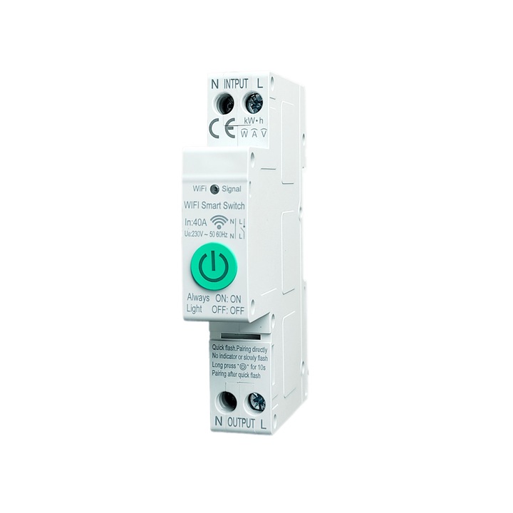 Techstar® WiFi Intelligens Automat Biztosító, Fogyasztásfigyelés, Tuya/Smartlife, 1P pólus, 1P+N, Egyfázisú, 40A, kompatibilis a Google Home és az Alexa rendszerekkel