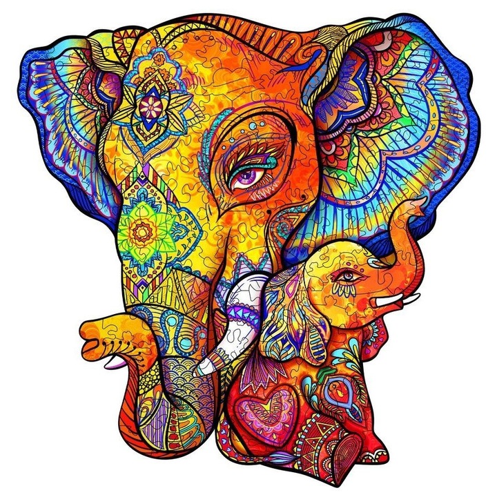 Puzzle din lemn, Elefant cu mumie, Moments, Lemn, Multicolor, XL, 675 piese