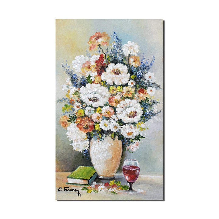 Tablou pictat manual Artnova, Vaza cu flori, carte si pahar cu vin, pictura 50x30cm ulei pe panza