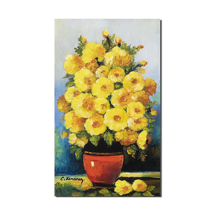 Tablou pictat manual Artnova, Vaza cu galbenele franceze, pictura 50x30cm ulei pe panza