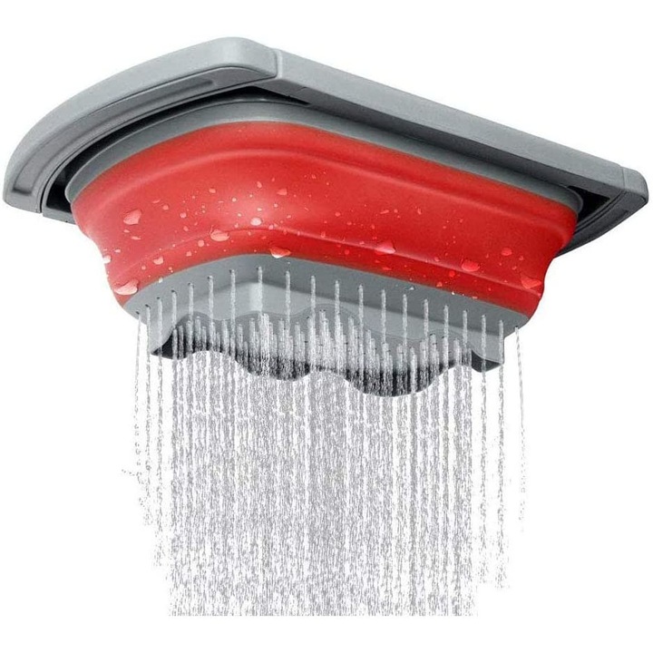 Strecuratoare pliabila cu manere extensibile din silicon, sita pentru chiuveta cu manere de spalat fructe si legume/scurs paste, silicon, pliabil, manere reglabile, gri-rosie, 39 x 26 x 12, manere pliate, L 60, manere extinse