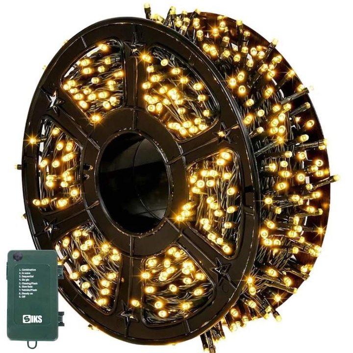 Instalatie de Craciun Liniara SIKS, Interior/Exterior, Rola 100 m, 8 Jocuri de Lumini, Alb Cald, Fir Negru