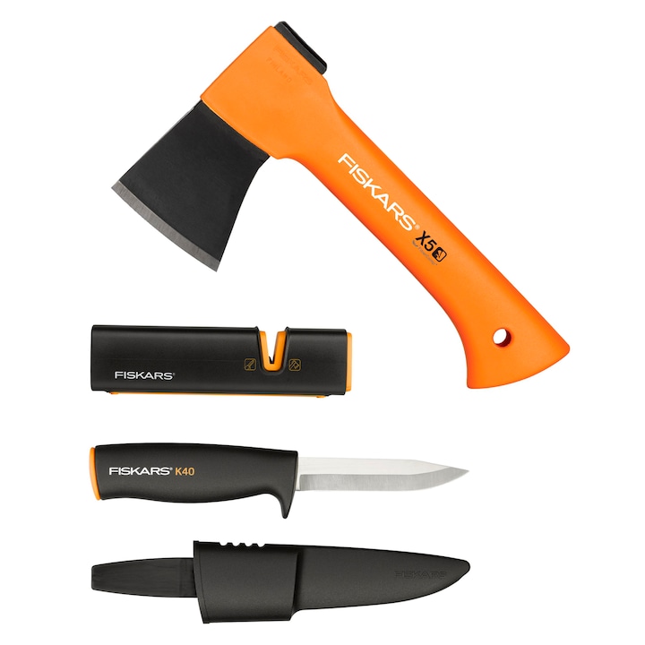 Комплект от 3 къмпинг инструменти 1057913, брадва, нож и точило, Fiskars, Въглеродна стомана, 458 g, Черен/Оранжев