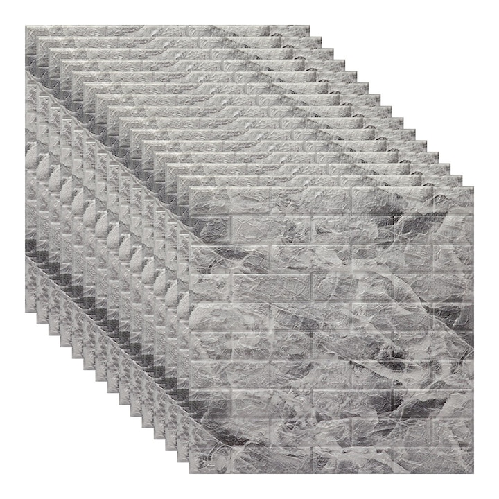 Set 15x Tapet 3D, autoadeziv/autocolant, spuma moale, design modern, pentru interior, usor de curatat, rezistent la apa, dimensiuni 70 cm x 70 cm x 0,3 cm, design marmura, Alb/Negru, Selling Depot