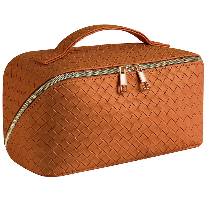 Козметична чанта, PU кожа, с дръжка, 26X12X12см, кафява