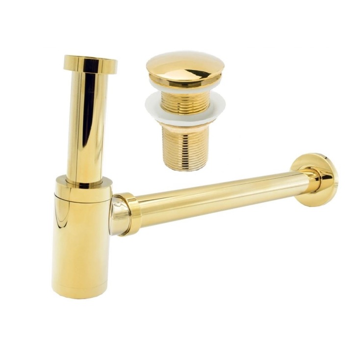 Сифон за мивка, С тапа, Без преливник, Месинг, Златист