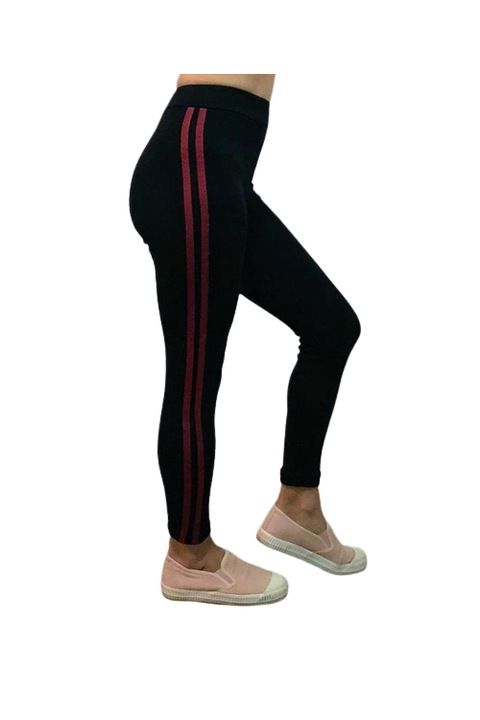 Colanti bumbac vatuit, negru, model cu dungi roz inchis