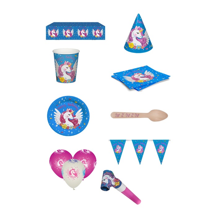 Комплект аксесоари за парти еднорог, покривка за маса, шапки, чаши, салфетки, чинии, лъжици, балони, знамена и зурли, общо 85 бр.
