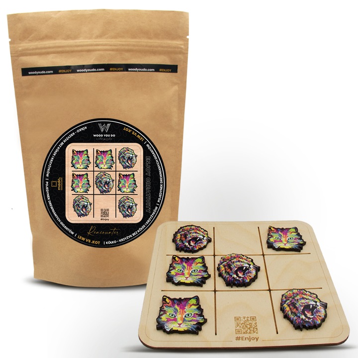X és 0 játék WOOD YOU DO, Fa, Lion vs Cat, Tic tac toe, Multicolor