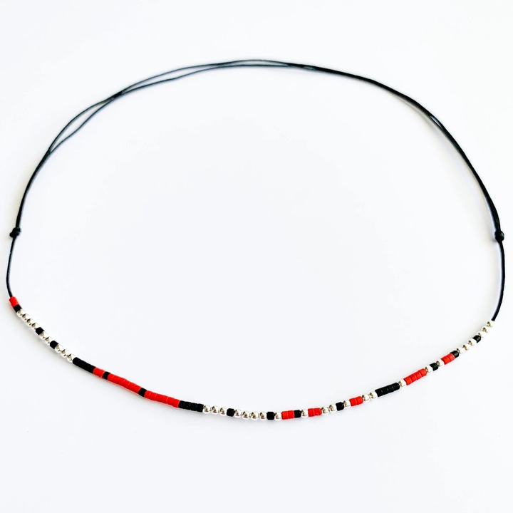 Colier "this too shall pass", reglabil, dama, margele Myuki, snur matase, argint, negru/rosu