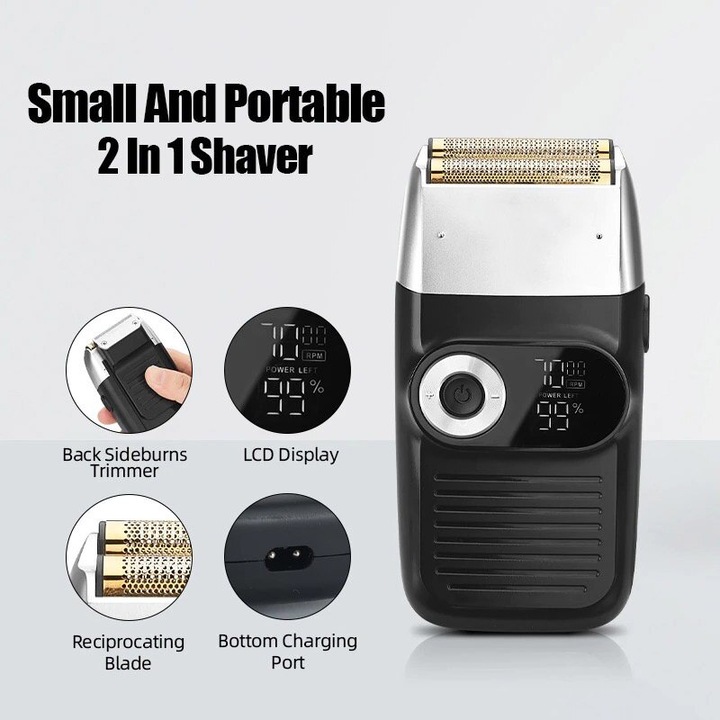 Електрическа самобръсначка FadeBlade® SH-7175, професионална, титаниево фолио, 3 регулируеми скорости, 1400 mAh батерия, LCD дисплей, аксесоари за дълга брада, включено резервно фолио, черна