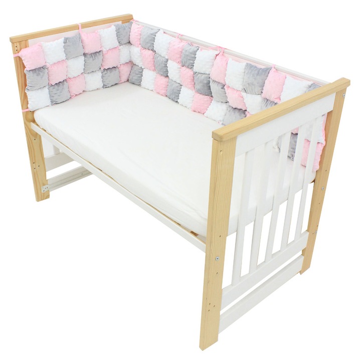 Set 3 aparatori pufoase, minky si bumbac, roz cu gri, 60x30 cm