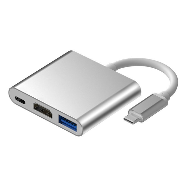 Adaptor 3 in 1 USB-C, Compatibil cu telefon laptop, USB-C 3.1 la USB 3.0/HDMI/Tip C, 4K, 60 W, Argintiu