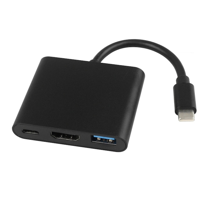 Adaptor 3 in 1 USB-C, Compatibil pentru Laptop Telefon mobil, USB-C 3.1 La USB 3.0 HDMI 4K Tip C, 60 W, Negru