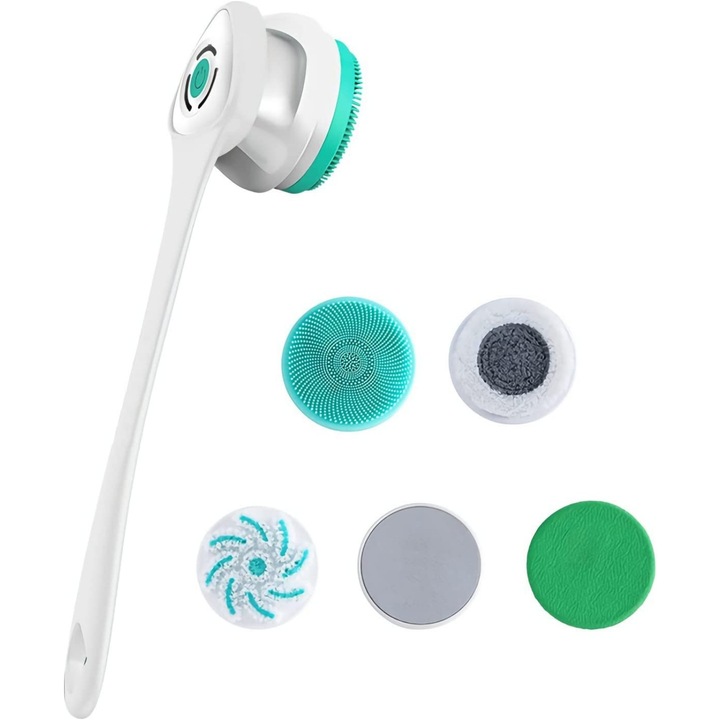 Algoshop Prémium elektromos forgó fürdő/zuhanykefe, 40 cm-es levehető nyéllel, testtisztítással és masszázzsal, 5 különböző fejjel és 3 sebességgel, újratölthető, Fehér