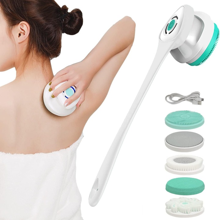 Perie electrica rotativa premium pentru baie/dus cu maner de 40 cm detasabil, curatare si masaj pentru corp, 5 capete diferite si 3 viteze, incarcabil, Alb