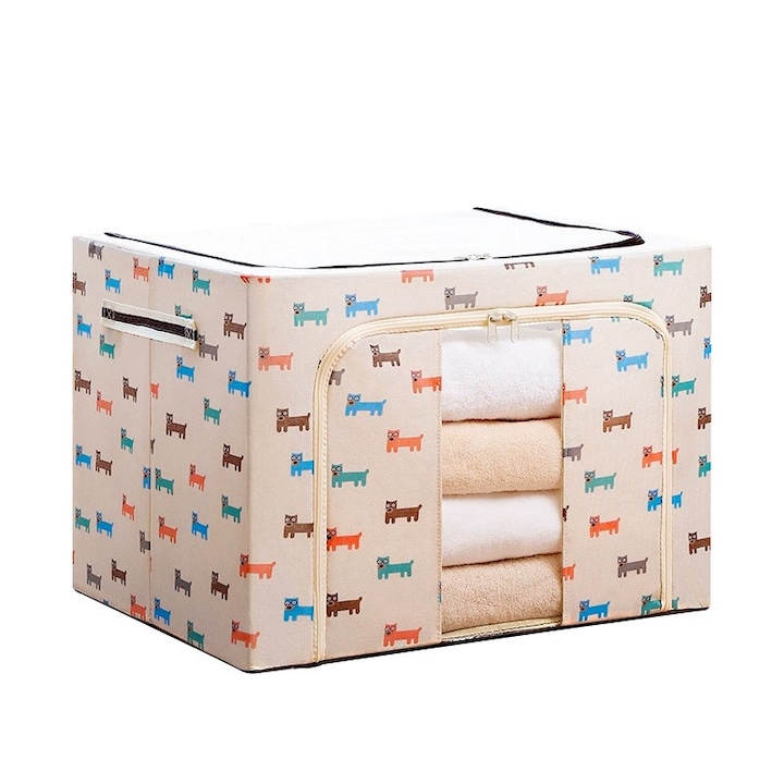 Összecsukható tároló doboz, Cipzárral, 24 L, Textil, 40x30x20 cm, Bézs, Kölyökkutyás