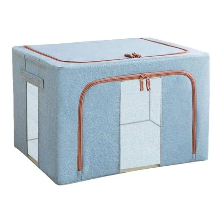 Összecsukható tárolódoboz, Cipzárral, 66 L, Textil, 50x40x33 cm, Világoskék, Két ablakkal