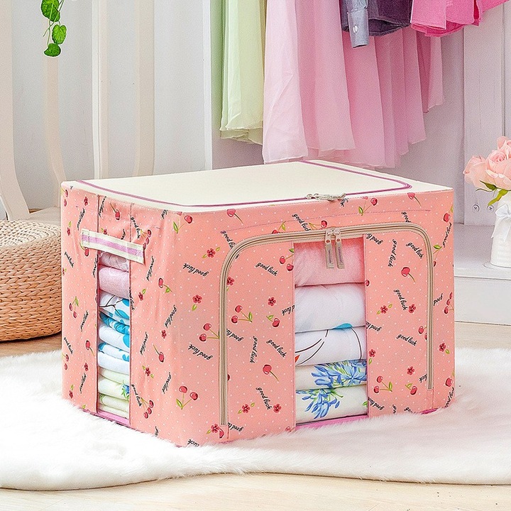 Cutie de Depozitare Pliabila, OEM, 24 L, Panza Oxford, 40x30x20 cm, Fereastra Frontala, 2 Usi de Acces cu Fermoar Bidirectional, Cadru Metalic, Suport Baza Stabil din Plastic, Imprimeu Cirese, Roz