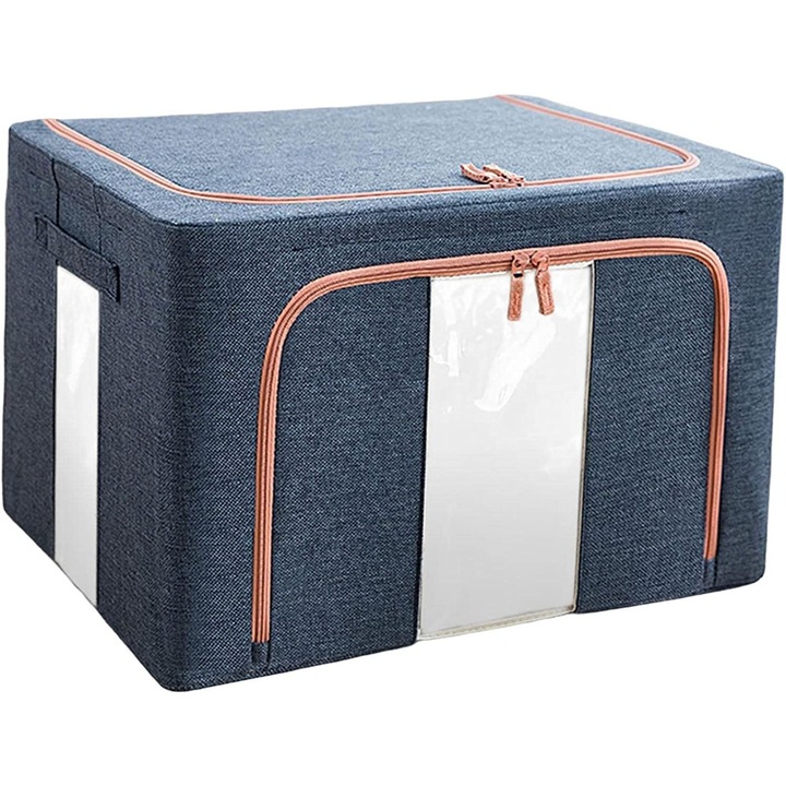 Összecsukható tárolódoboz, Cipzárral, 66 L, Textil, 50x40x33 cm, Sötétkék, Két ablakkal