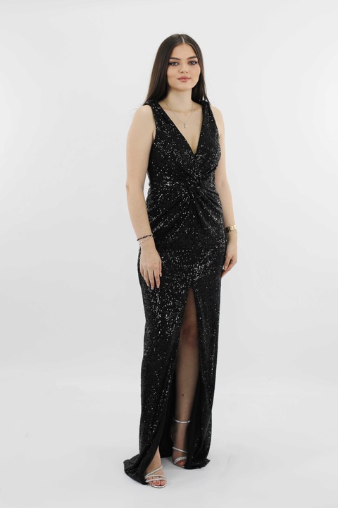 Rochie lunga de seara din paiete cu nod BLANCA, Negru